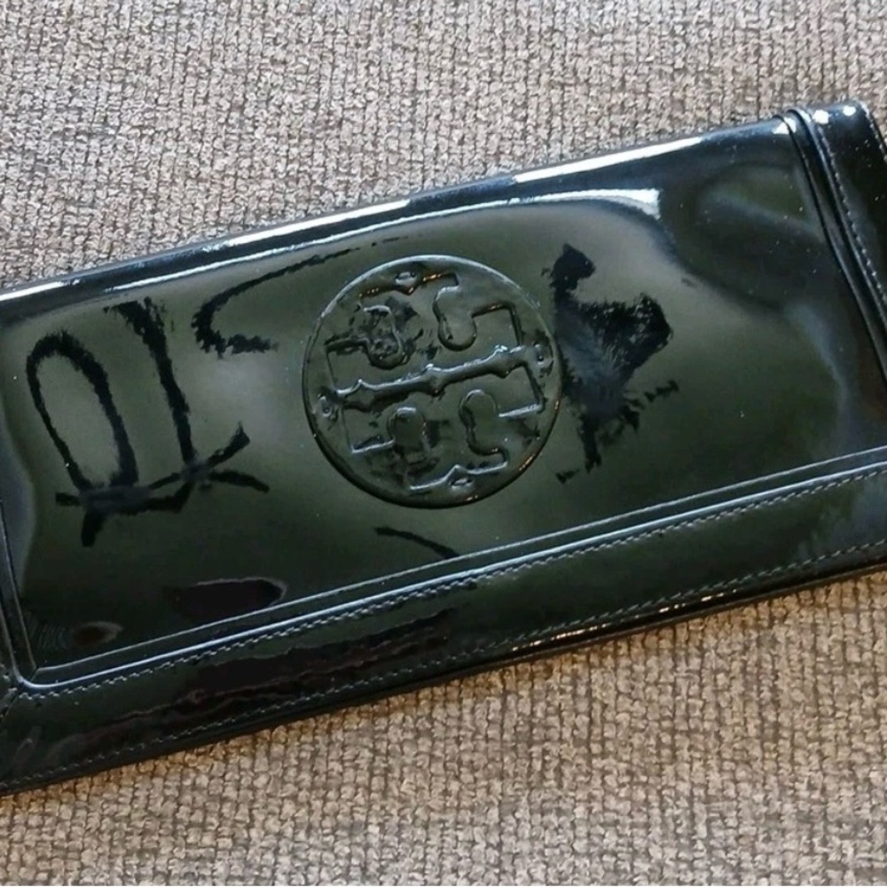 -SOLD - Tory Burch Black Patent Leather Fold Over Clutch/Wallet Gold Zipper